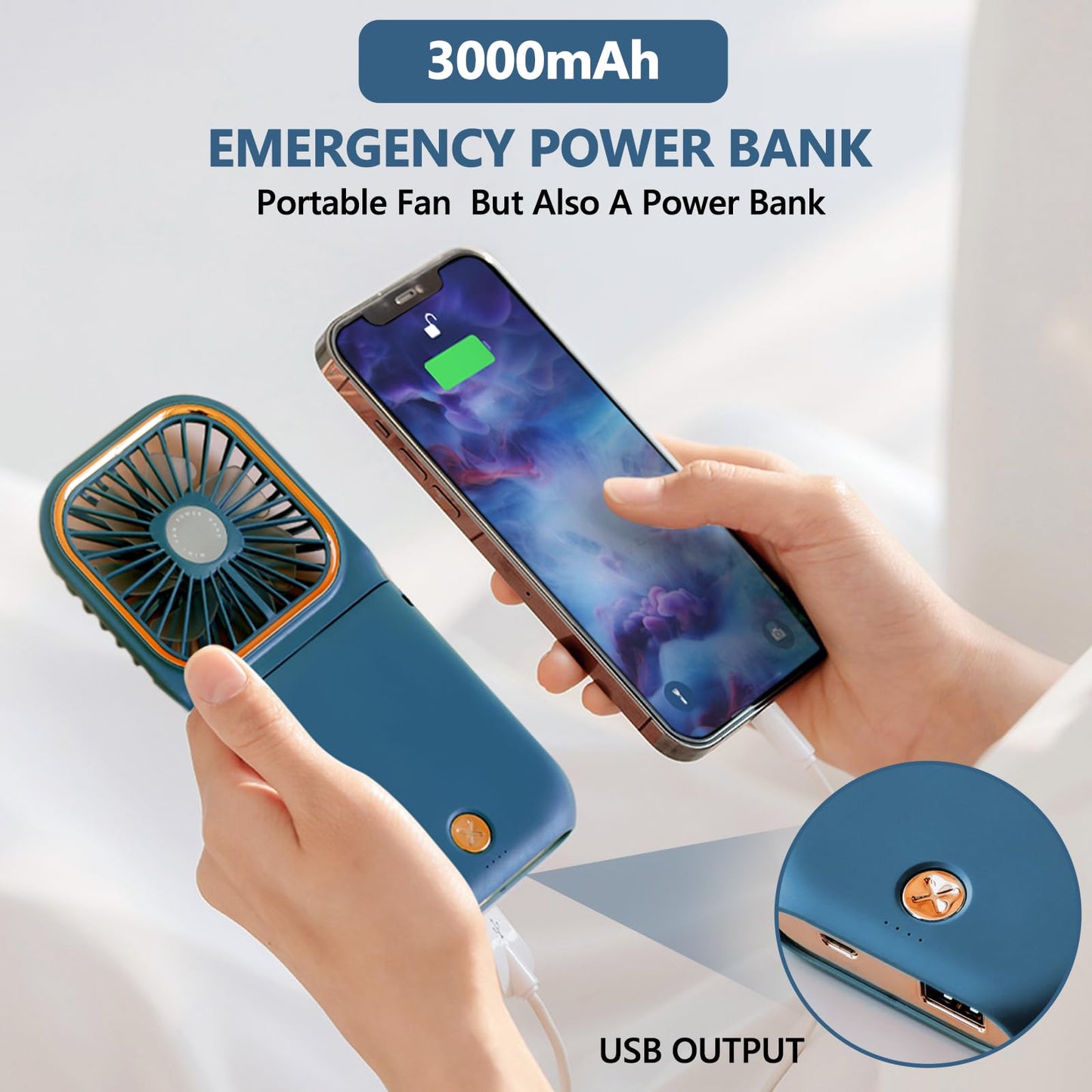 Portable Handheld Fan with Phone Holder, 3000mAh Power Supply Rechargeable Neck Fan with USB Output, Foldable Small Fan 0-180° Adjustable, Ultra Quiet
