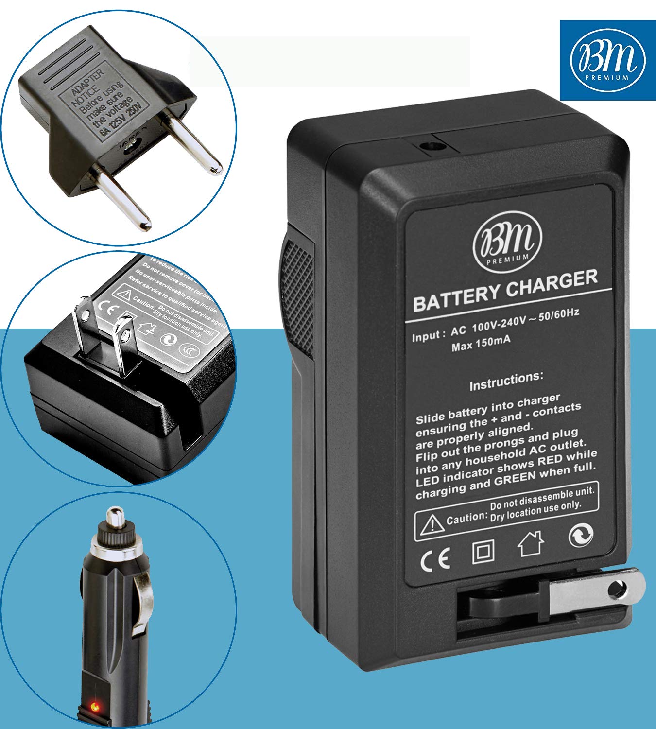BM Premium LP-E5 AC & DC Travel Battery Charger for Canon EOS Rebel XS, Rebel T1i, Rebel XSi, 1000D, 500D, 450D, Kiss X3, Kiss X2, Kiss F Digital SLR
