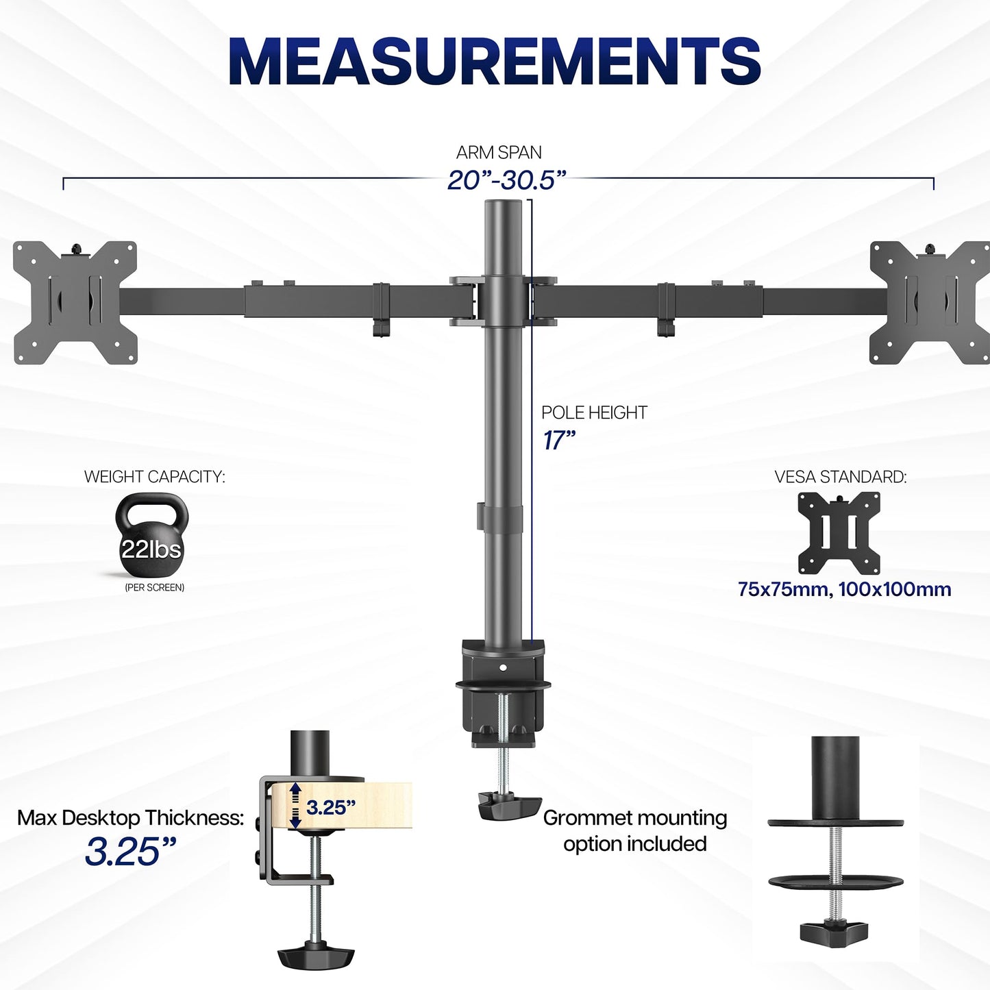 VIVO Dual LCD LED 21 to 32 inch Monitor Desk Mount, Heavy Duty, Adjustable Telescoping Arms, Flush Wall Setup, Fits 2 Screens, Black, STAND-V002E