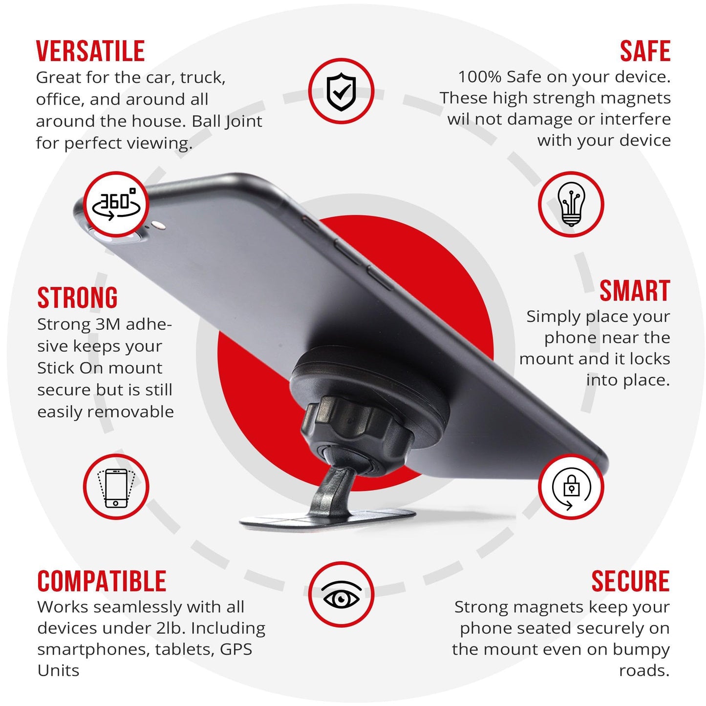 Tackform Magnetic Phone Holder [Tack Mount ] V.2.0 w/N52 Magnets [ for Car, Kitchen, Bedside, Bathroom ] Stick On Dash Mount with Authentic 3M Sticky