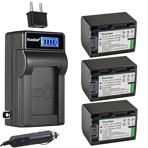 Kastar 3-Pack NP-FV70 Battery and LCD AC Charger Compatible with Sony NP-FV30, NP-FV50, NP-FV70, NP-FV90, NP-FV100 Battery Camera, Andoer HDV-201LM
