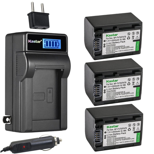Kastar 3-Pack NP-FV70 Battery and LCD AC Charger Compatible with Sony NP-FV30, NP-FV50, NP-FV70, NP-FV90, NP-FV100 Battery Camera, Andoer HDV-201LM
