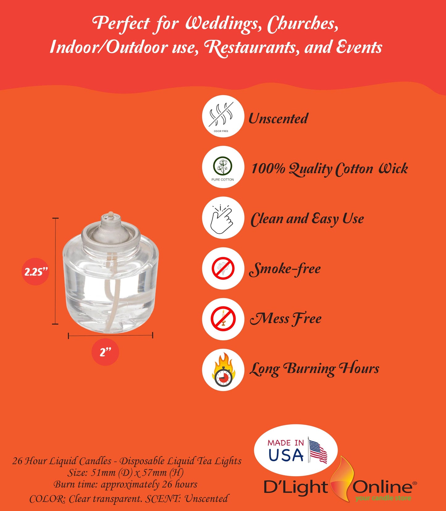 D'light Online HD26 Disposable 26 Hours Liquid Candles, Clear Plastic Disposable Fuel Cells for Wedding Table Top Lights, Restaurant Tables