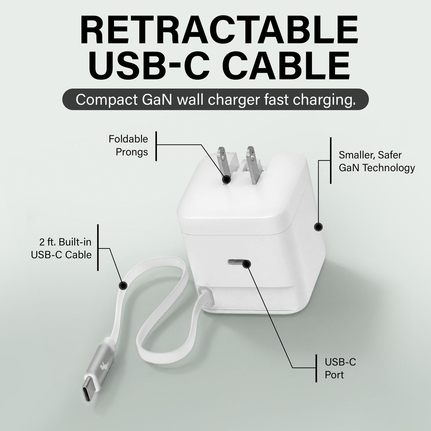 Nimble Wally Stretch 65W Wall Charger - Fast Charger with Retractable 2ft Cable, USB-C Port, and Foldable Plug for iPhone 17/16/15/14, Galaxy S25