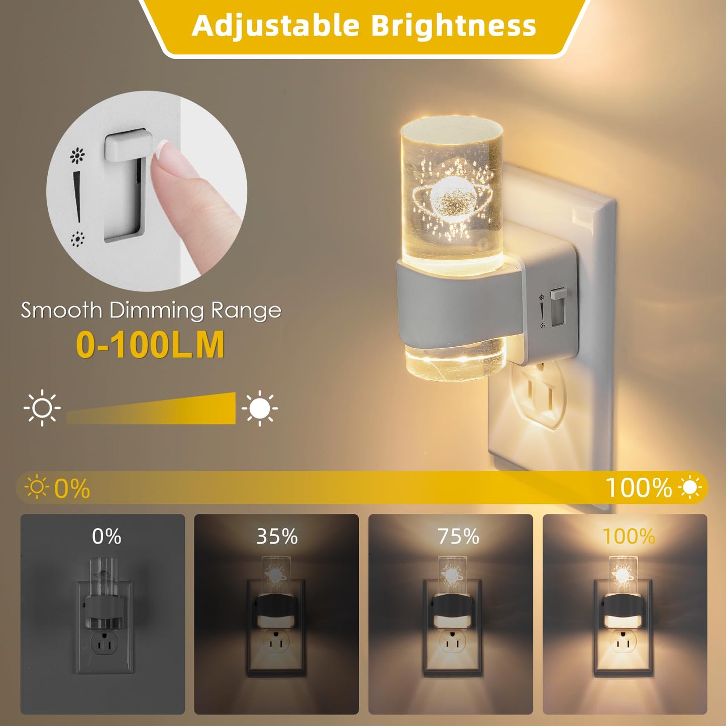 FLMAQE LED Night Light 2 Pack, Dimmable, Dusk to Dawn Sensor, 0-100 LM Adjustable Brightness, 3000K, Wall Mounted, Starry Sky Pattern Etched