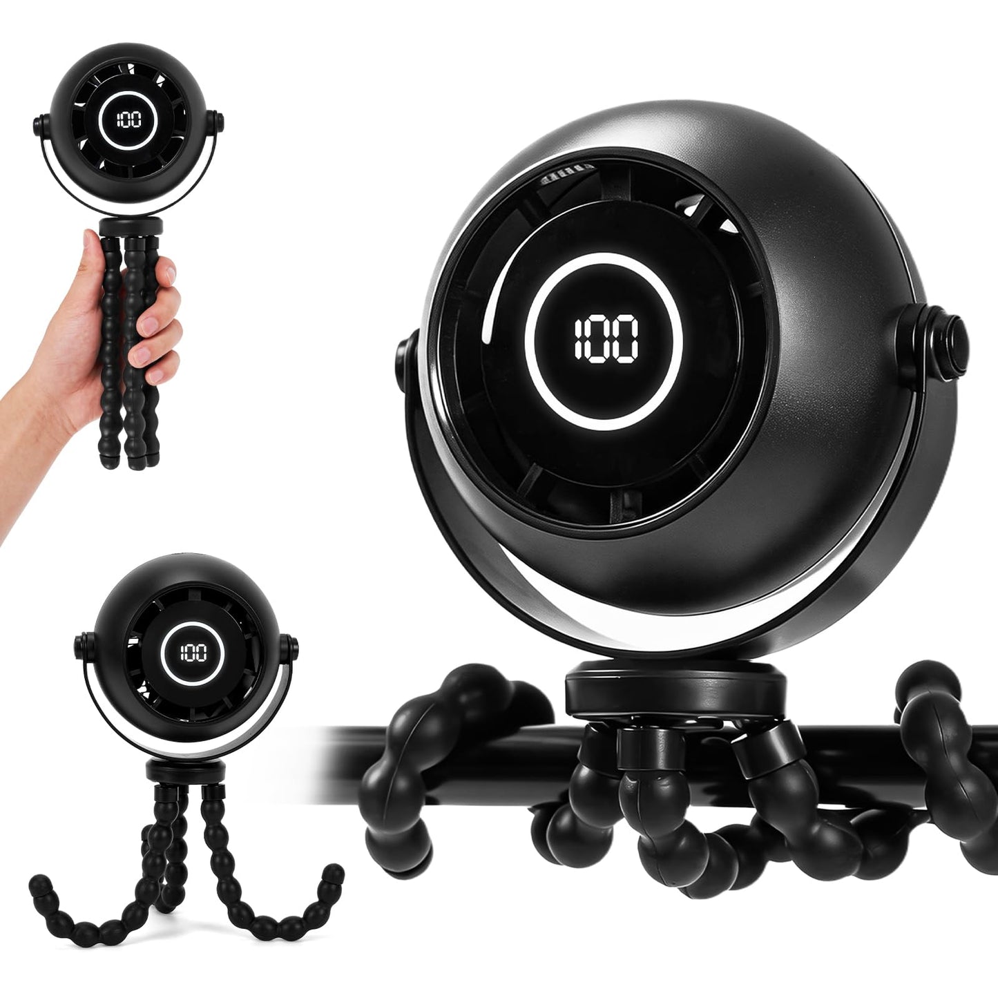 FIALAME Portable Stroller Fan,4000mAh Portable Fan for Stroller Rechargeable with Flexible Tripod,12.5H Battery,3 Speeds,LED Display,360° Rotate,Clip