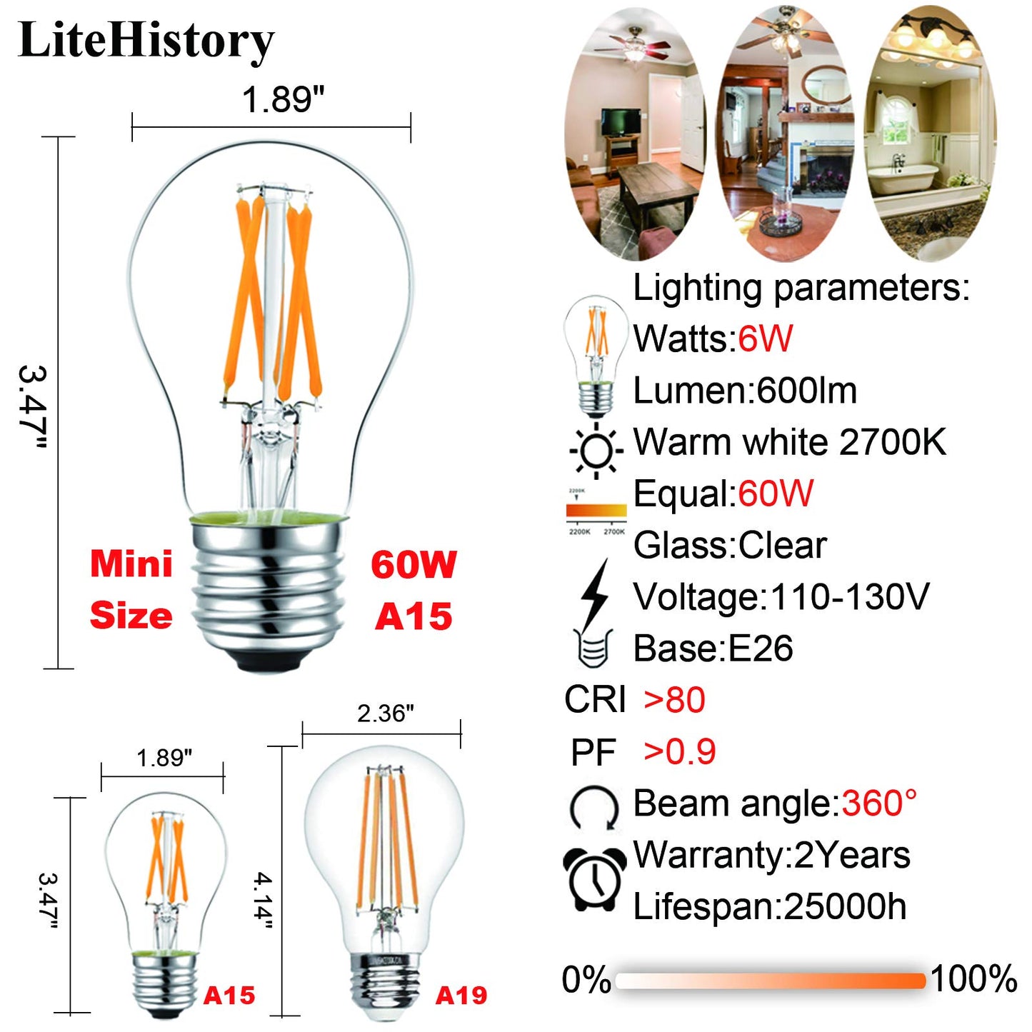LiteHistory A15 E26 Led Bulb 60 watt,Dimmable,Soft White Light Bulbs,2700K