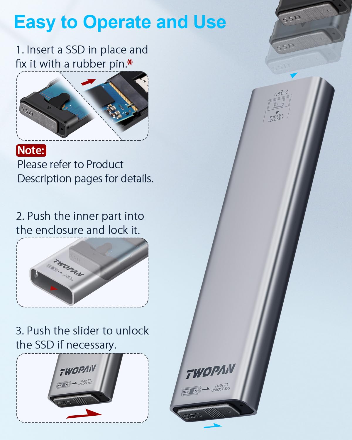 TWOPAN Aluminum M.2 NVMe SSD Enclosure, Tool-Free USB-C 3.2 Gen2 (10Gbps ) Portable External SSD Case for 2230/2242/2260/2280 M-Key/B+M Key Drives