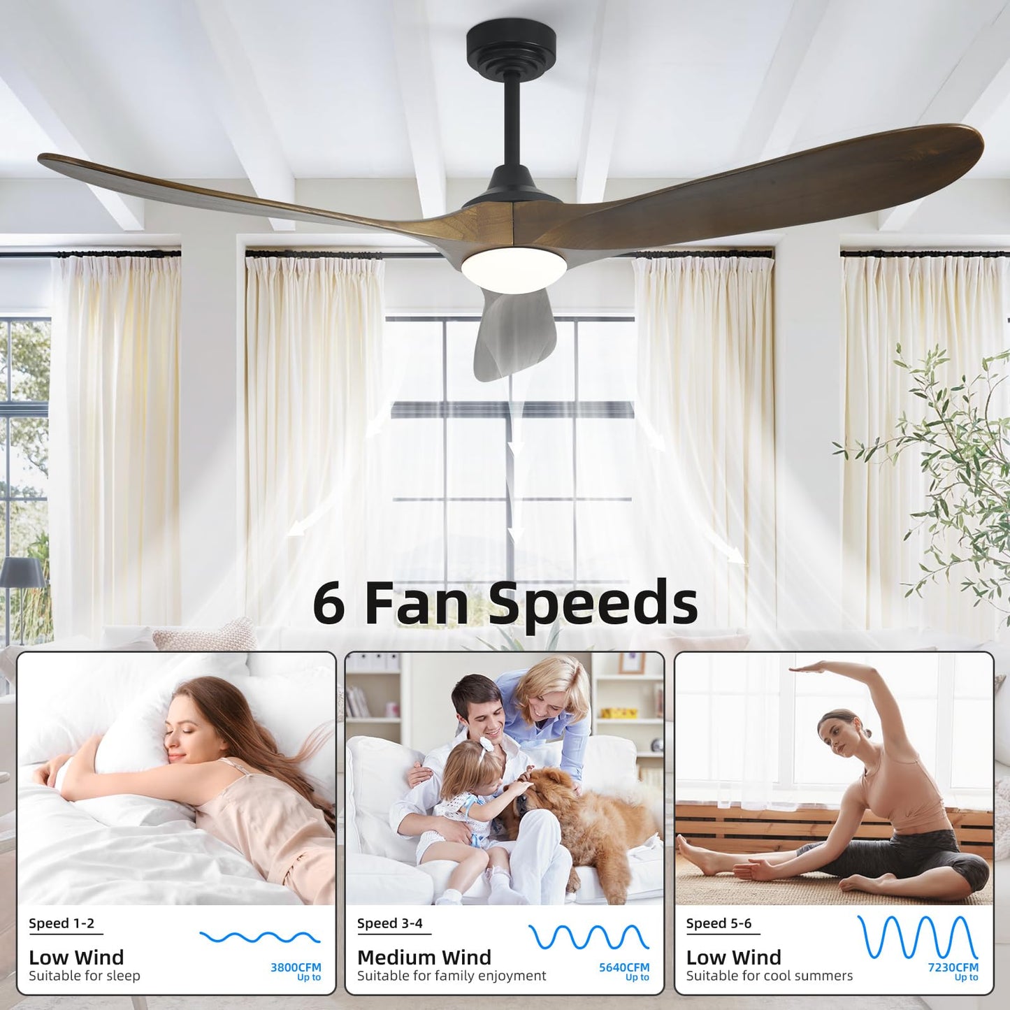 Homlit Ceiling Fan with Lights, 72'' Solid Wood Indoor/Outdoor Ceiling Fan with Quiet Reversible DC Motor, Compatible with Alexa/Google/App, 3CCT
