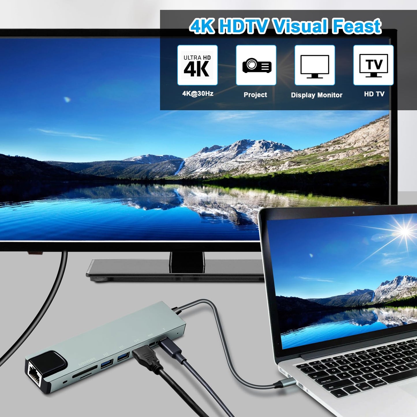 Vrebrey 8-in-1 USB-C Hub, Multi-Port Adapter for Laptops, 4K@60Hz HDMI, 85W Power Delivery, 3X USB-A 3.0 & USB-C Data Ports, SD/TF Card Reader