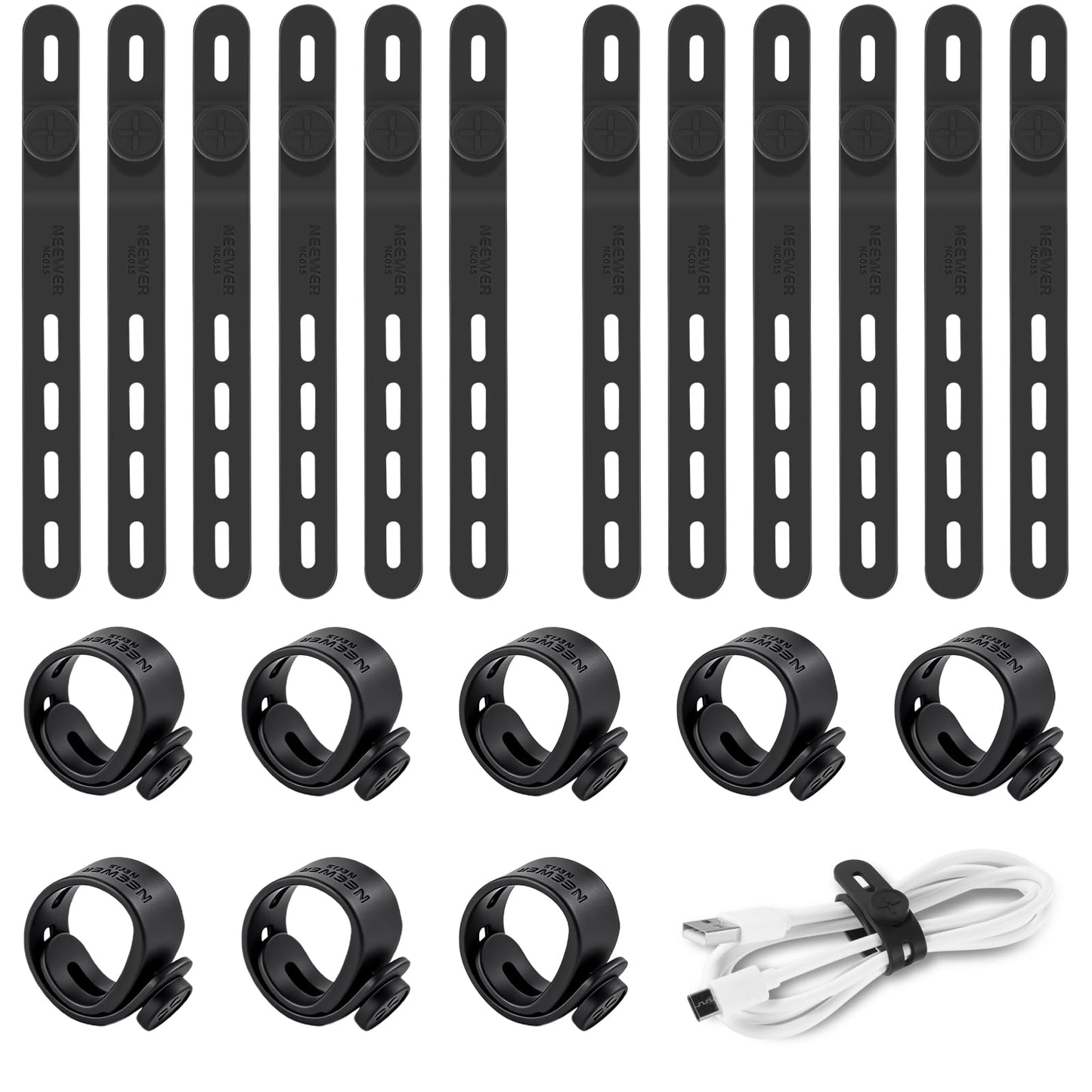 NEEWER 20PCS Silicone Cable Ties, Adjustable Reusable Office Desk Wire Organizer Data Cord Keeper Management Strap Accessories with Buckles for Power