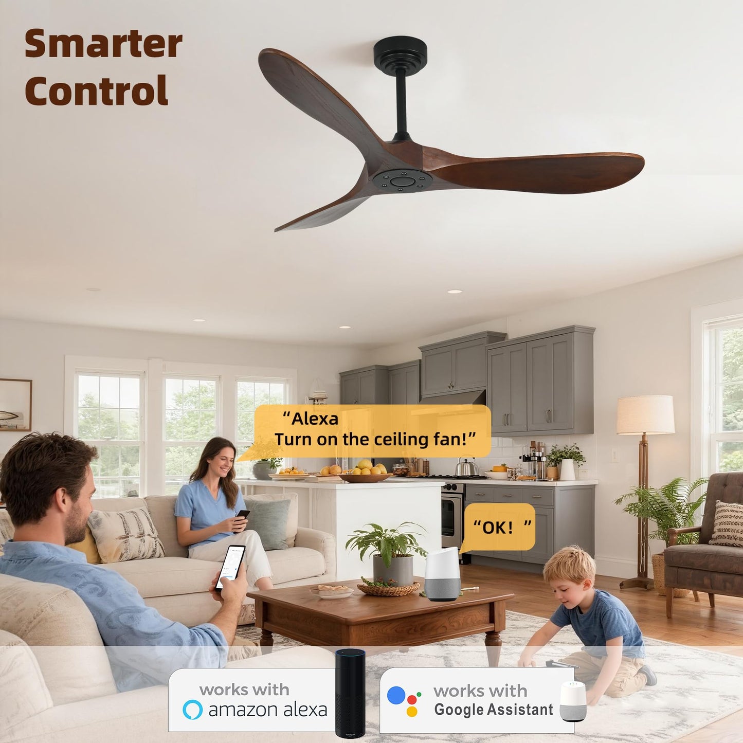 Homlit Smart Ceiling Fan no Light, 52 Inch Outdoor Ceiling Fan Without Light, Compatible with Alexa/Google/App, 3 Solid Wood Blades, Modern Wood Fan