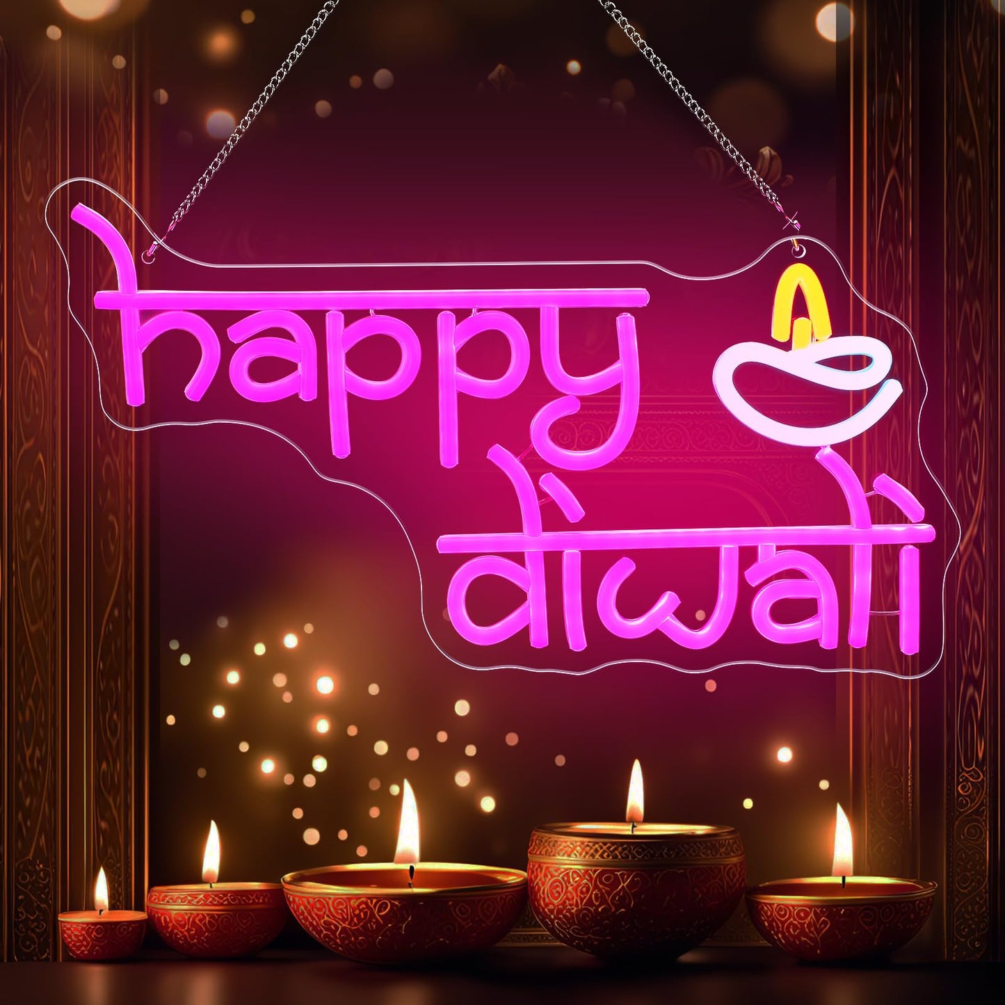 WILLBOND Happy Diwali Neon Sign Diwali Diya Party Decoration Deepawali LED Neon Light Sign Indian Hindu Pooja Room Light Hanging Decoration for Puja
