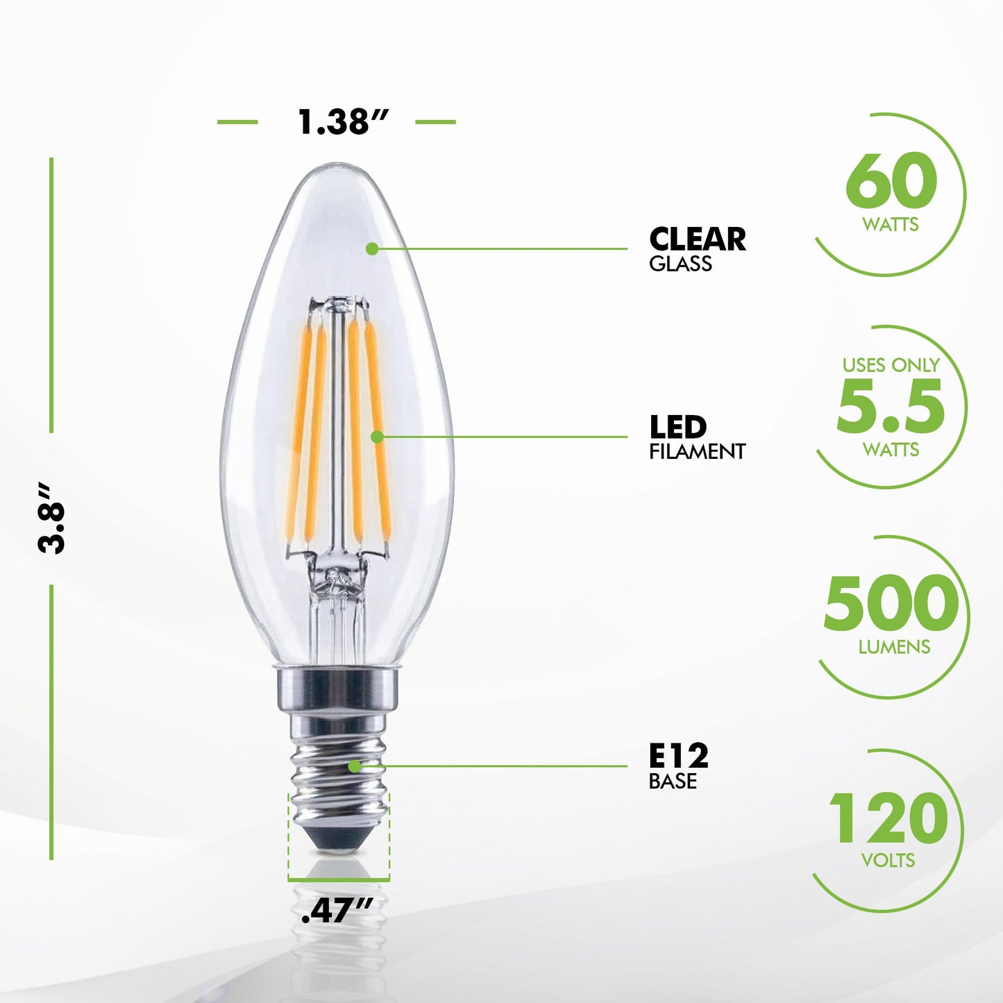KOR 12-Pack Dimmable LED Candelabra Bulbs, E12 B11, 60W Eq, 2700K