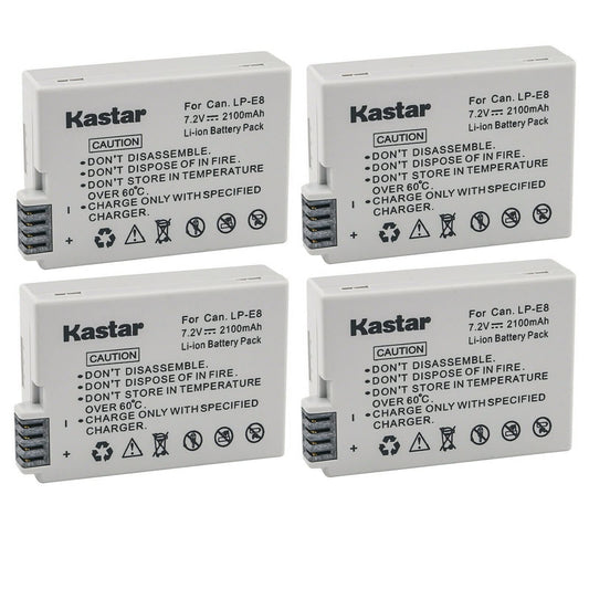 Kastar LPE8 Battery (4-Pack) Compatible with Canon LP-E8, LC-E8E, BG-E8 and Canon EOS 550D, EOS 600D, EOS 700D, EOS Rebel T2i, EOS Rebel T3i, EOS