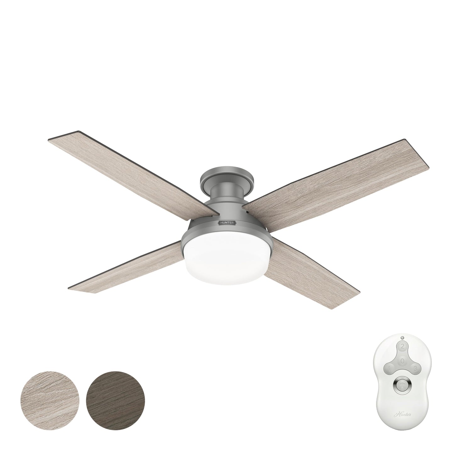 Hunter Fan 52 inch Low Profile Matte Silver Indoor Ceiling Fan with LED Light and Remote Control, Holiday Gift for Bedroom, Living Room, Dining Room