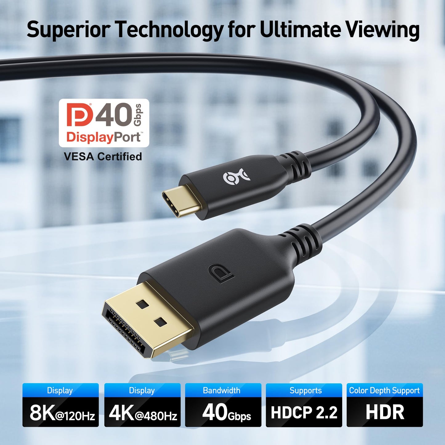 Cable Matters [VESA Certified] 40Gbps Unidirectional USB C to DisplayPort 2.1 Cable - 6.6ft, Supports DP40, 8K@120Hz / 4K@480Hz (Thunderbolt 4