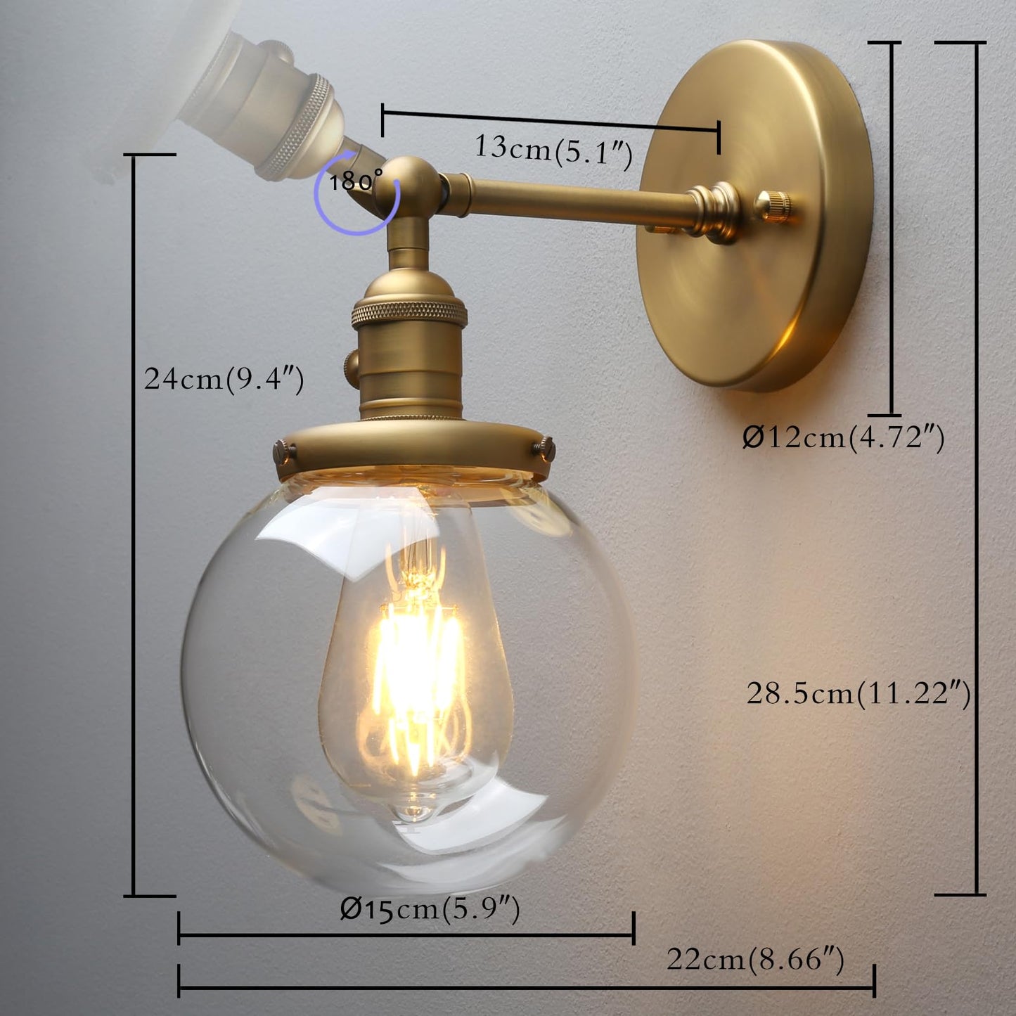 PERMO Vintage Wall Sconce Industrial Lighting Fixture with 5.9" Round Clear Glass Globe Hand Blown Shade (Antique)