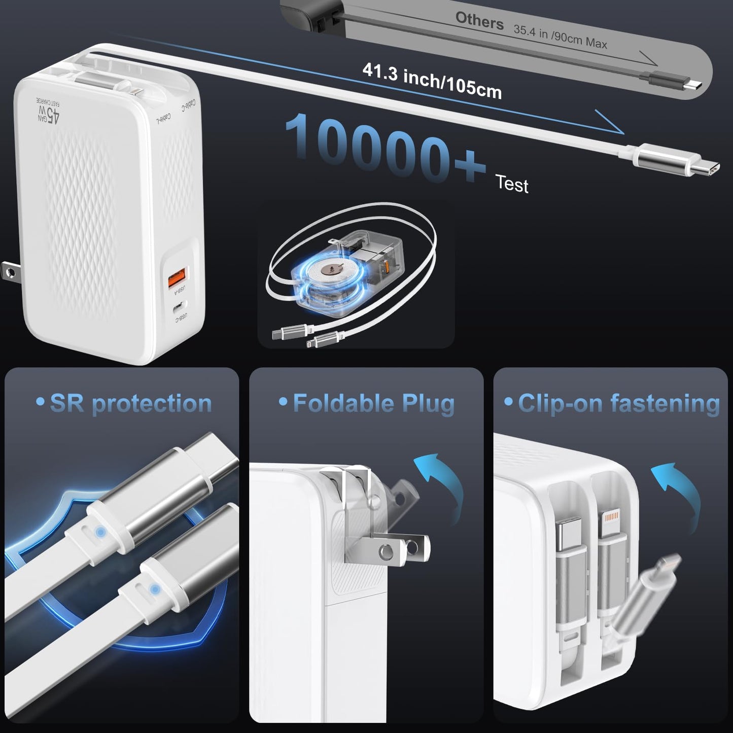 4-in-1 Retractable Charger with USB-C & Lightning Cable,45W GaN Wall Charge