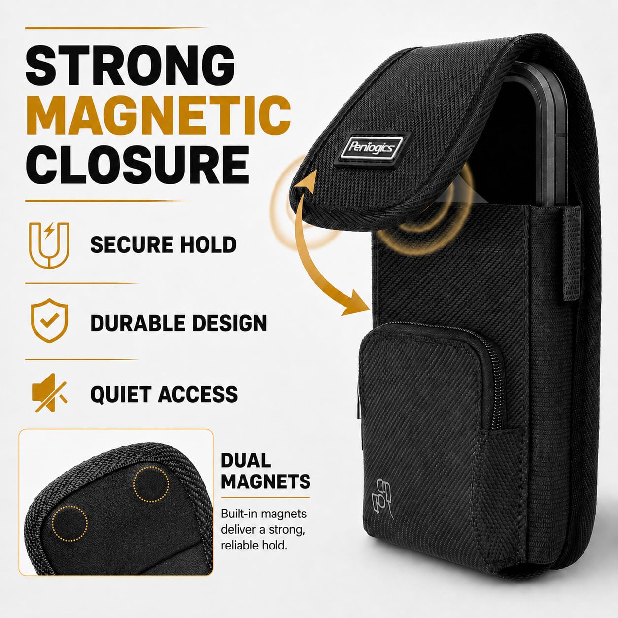 Perilogics Phone Holster for Men, Cell Phone Pouch with Metal Clip and Magnetic Closure, Belt Phone Holder Fits iPhone 17/16/15/14/13/12 Pro Max/Plus