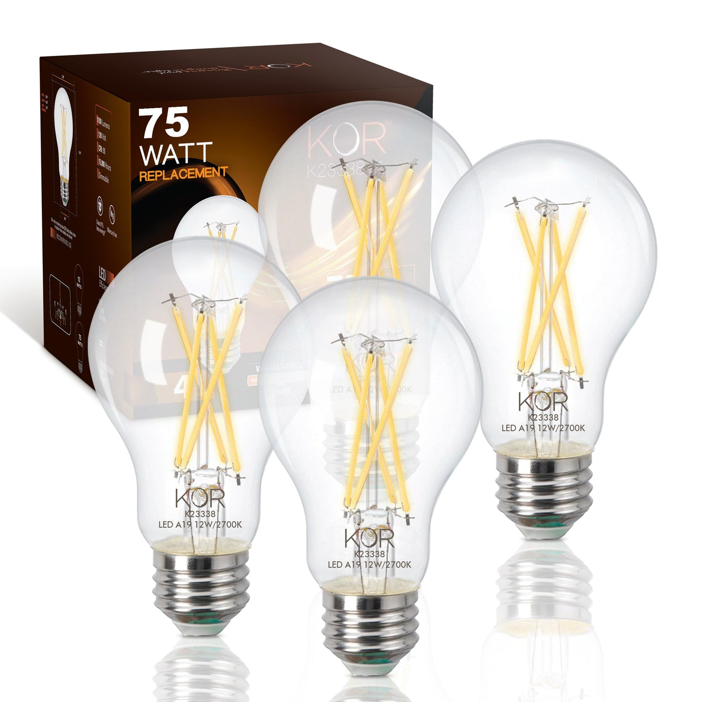 KOR LED A19 Filament Bulbs, 4 Pack, 75 Watt Equivalent, 2700K Warm White, Edison Vintage Dimmable Energy Efficient 12W, E26 Medium Base, 1100 Lumens