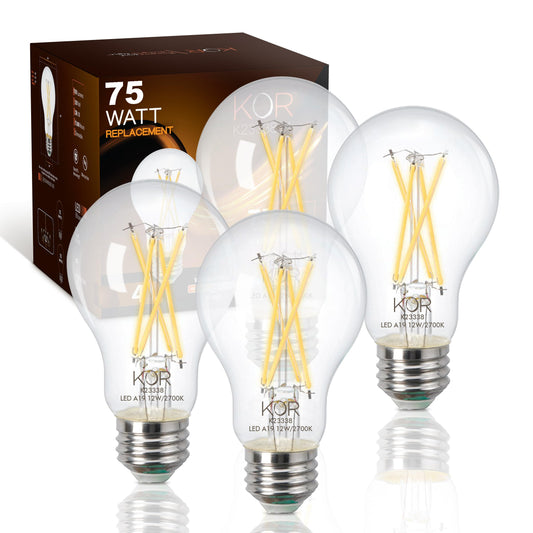 KOR LED A19 Filament Bulbs, 4 Pack, 75 Watt Equivalent, 2700K Warm White, Edison Vintage Dimmable Energy Efficient 12W, E26 Medium Base, 1100 Lumens