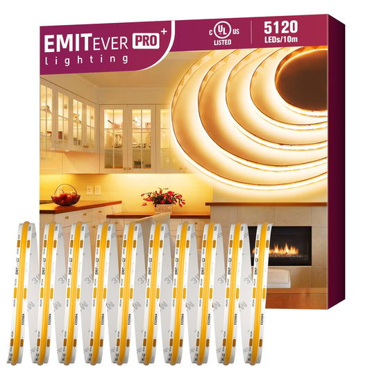 EMITEVER COB LED Strip Lights Warm White, 2700K Tape Light Premium High Density, DC 24V, 360+Lumens/ft, 5120LEDs/Spool, Ra 90+, 32.8ft/10m,UL Listed 5