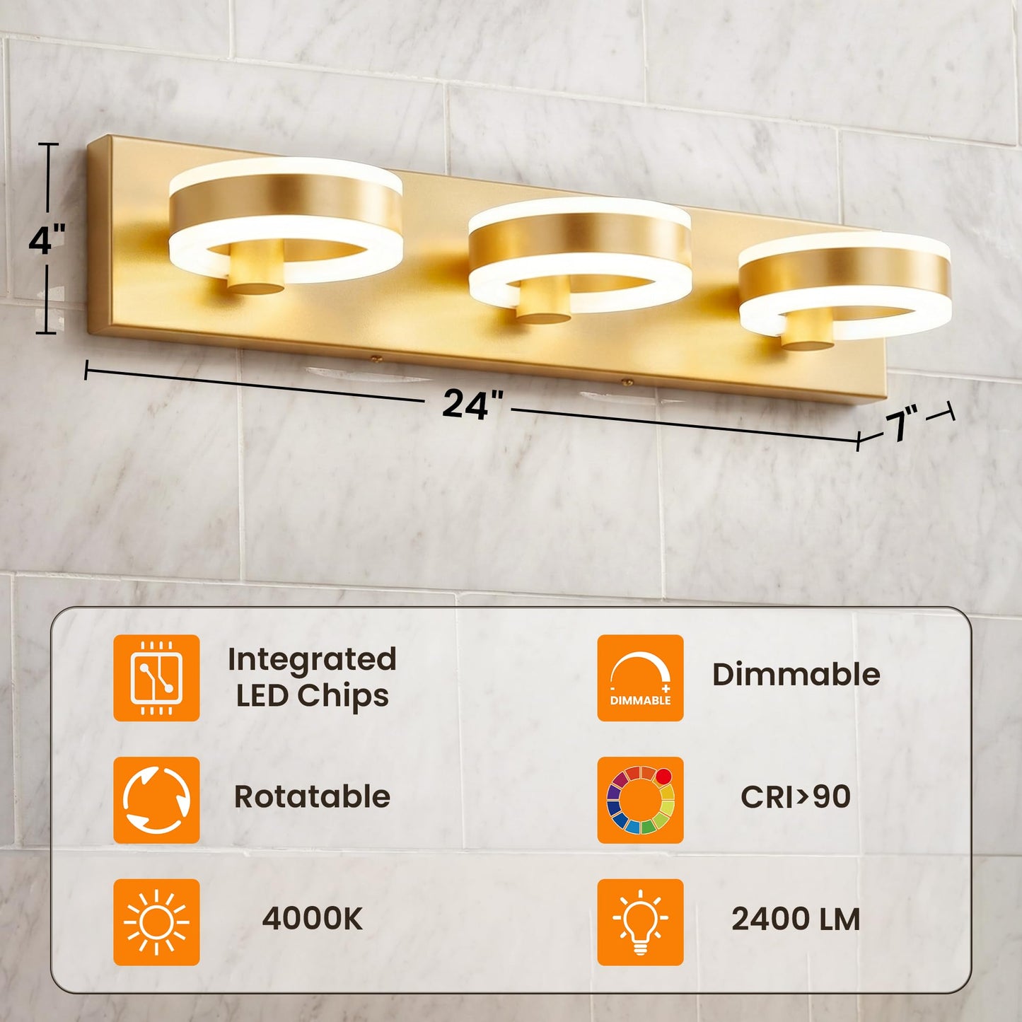 PHIXART LED Bathroom Light Fixtures, 24inch Gold Vanity Lights, Modern 3 Light Acrylic Wall Sconces, 350° Rotatable Wall Lighting Fixture Over Mirror