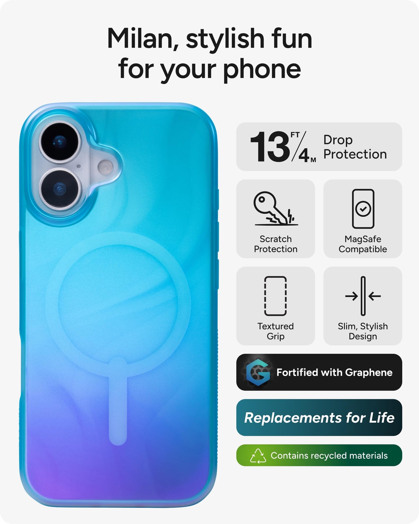 ZAGG Milan Snap Case for iPhone 17 - Deep Aurora, Graphene Strengthened Phone Case with Drop Protection (13ft/4m), Textured Edges & Sparkle Design