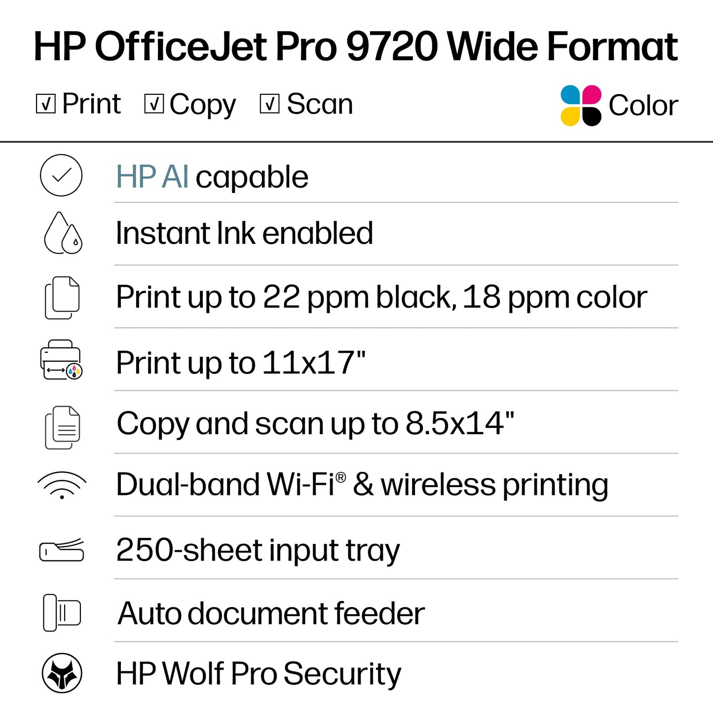 HP OfficeJet Pro 9720 Wide-Format Wireless All-in-One Color Inkjet Printer, Print, scan, Copy, fax up to 11x17, ADF, Duplex Printing Best-for-Office