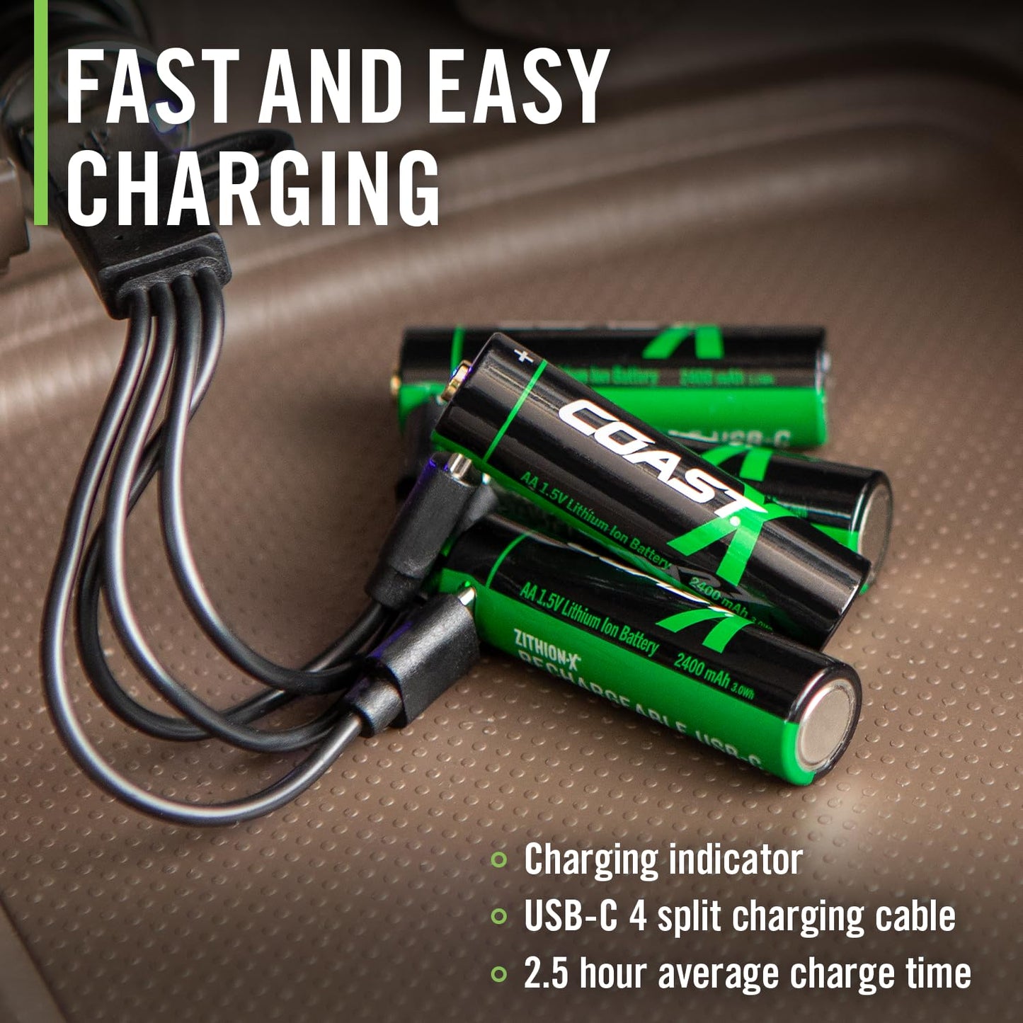 Coast AA USB-C Rechargeable Batteries, ZITHION-X, Lithium Ion 1.5v 2400 mAh, Long Lasting, Charges Under 2.5 Hours, Charging Cable Included…