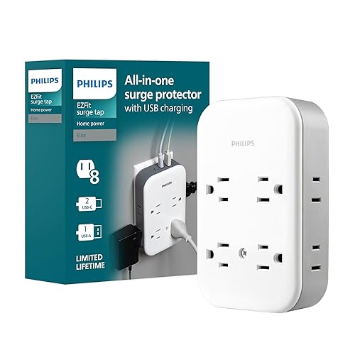 Philips All-in-One Surge Tap with USB, 4 Grounded & 4 Polarized Outlets, 2 USB-C & 1 USB-A Ports, 15W Shared, 1140 Joules, ETL Certified, White/Gray