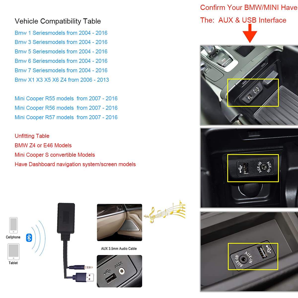 Yoper Bluetooth Adapter Compatibility with BMW Mini Cooper Aux 3.5 Cellphone Play HiFi Music
