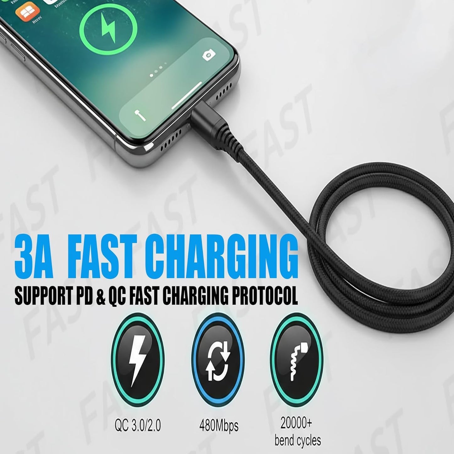 tekSonic 5-Pack USB-A to USB-C Cables - Extra-Long 10 ft (3 m), 3A Fast Charging, Braided - Compatible with iPhone 15/16/17, Galaxy S25/S24/S23
