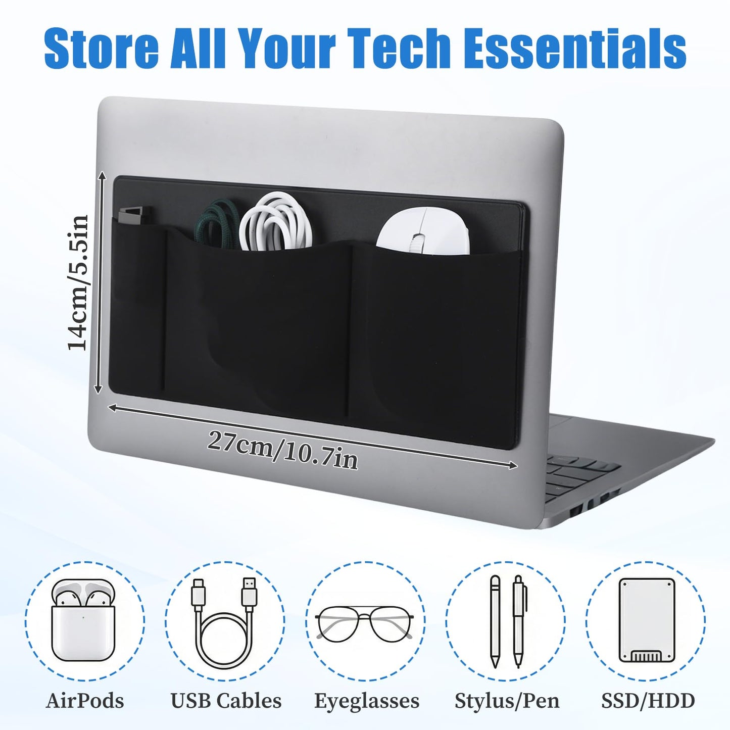 3-Pocket Mouse Holder for Laptop Stick on, Reusable Adhesive Mouse Pouch for External Hard Drive, HDD, SSD, USB Drive, Cables, Black Computer Pocket
