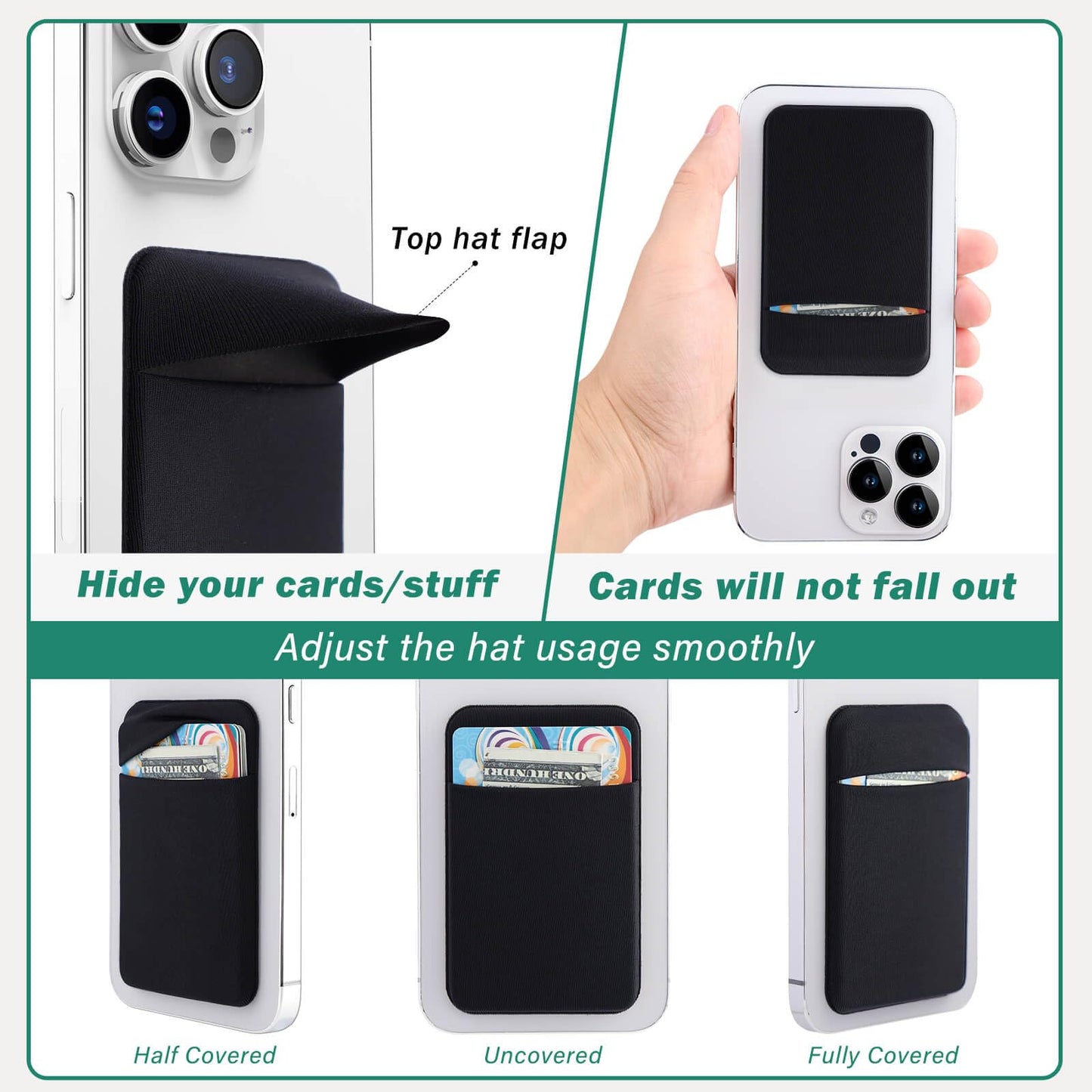 3Pack Cell Phone Card Holder Pocket for Back of Phone,Stretchy Stick on Wallet Credit Card ID Case Pouch Sleeve Self Adhesive Sticker with Flap