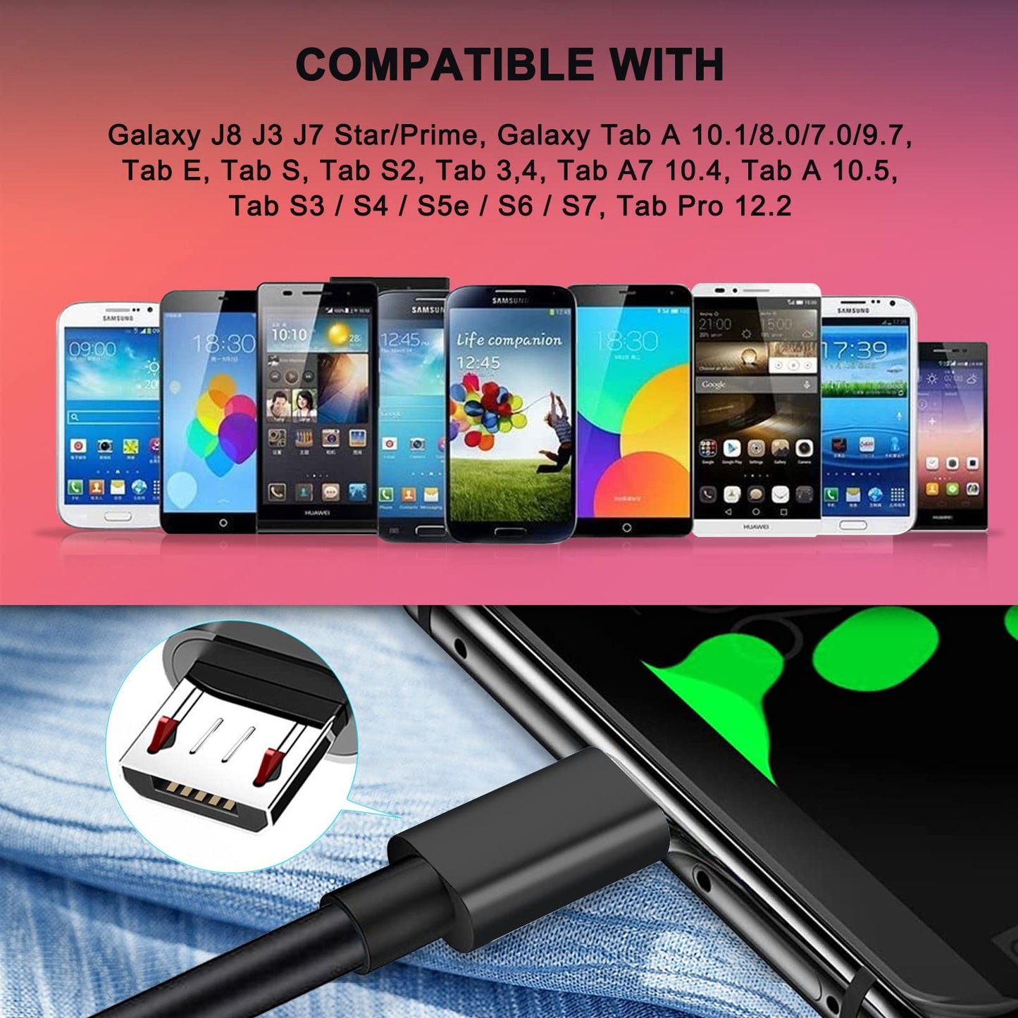 Micro USB Charger Charging Cord Cable for Samsung Galaxy J8 J3 J7 Star/Prime, Galaxy Tab A 10.1/8.0/7.0/9.7, Tab E, Tab S, Tab S2, Tab 3,4, Tab A7