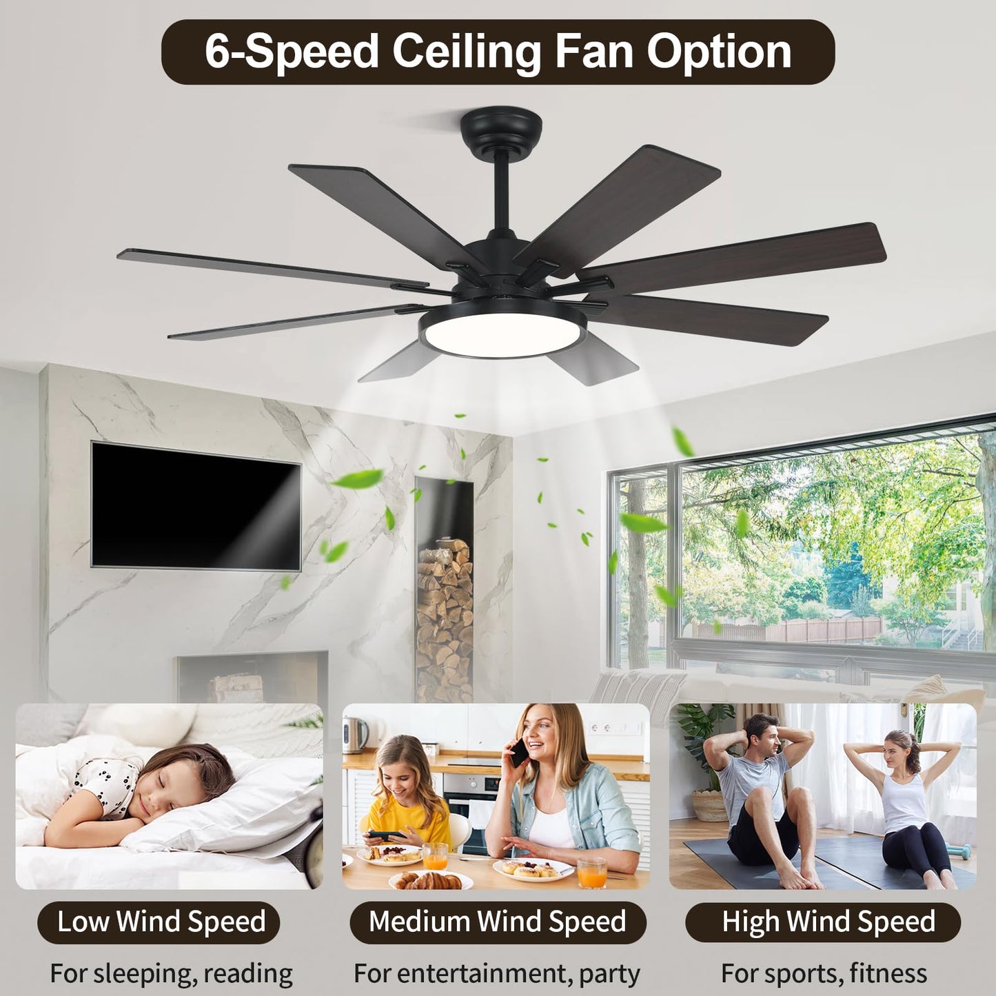 oooYYDSxxx 52" 8-Blade Ceiling Fan with Wall Control, 6-Speed DC Motor & Dimmable 3-Color LED, Ultra Quiet Wide Airflow for Bedroom, Living Room