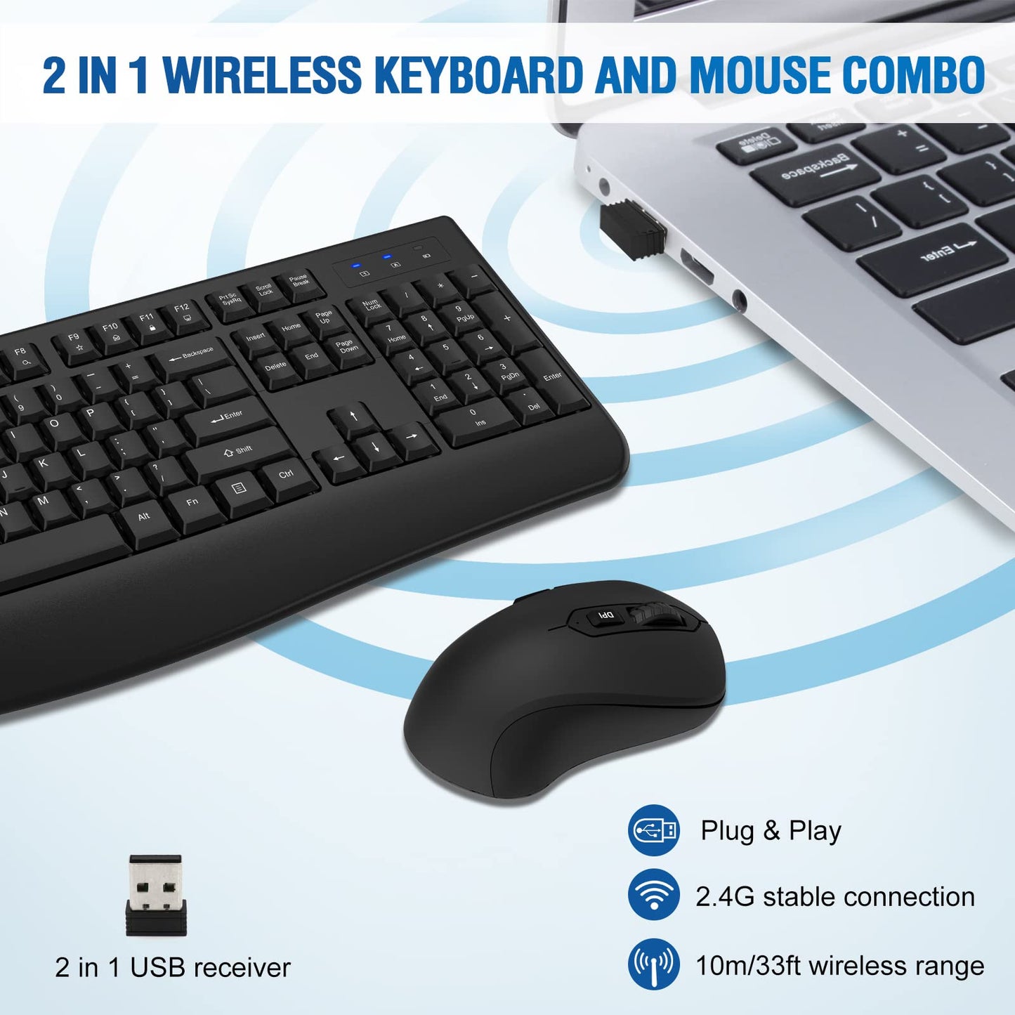 Wireless Keyboard and Mouse Combo, Full-Sized 2.4GHz Wireless Keyboard with Comfortable Palm Rest and Optical Wireless Mouse for Windows, Mac OS