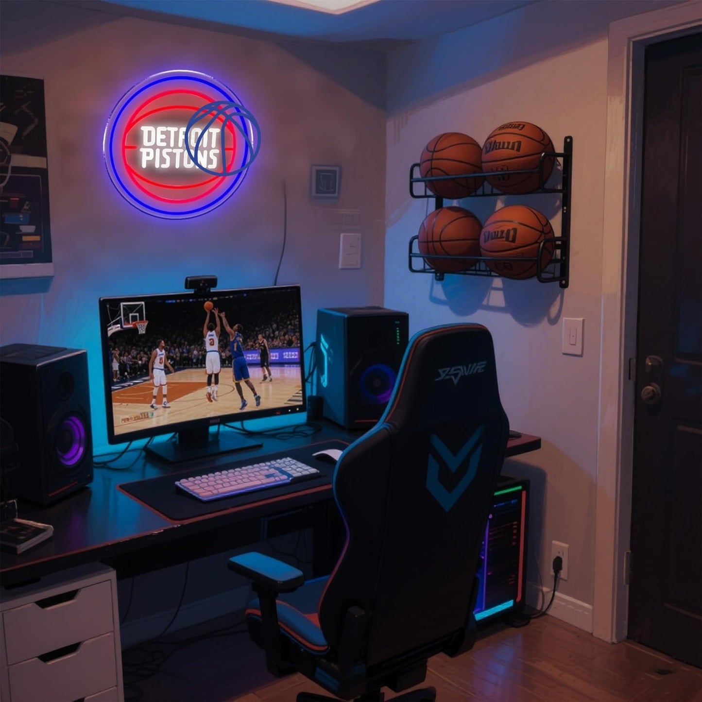 Basketball Team Neon Sign, Sport Light Up Dimmable Basketball Team Logo Hanging USB Powered Led Neon Sign for Wall Decor, Bedroom, Man Cave, Party