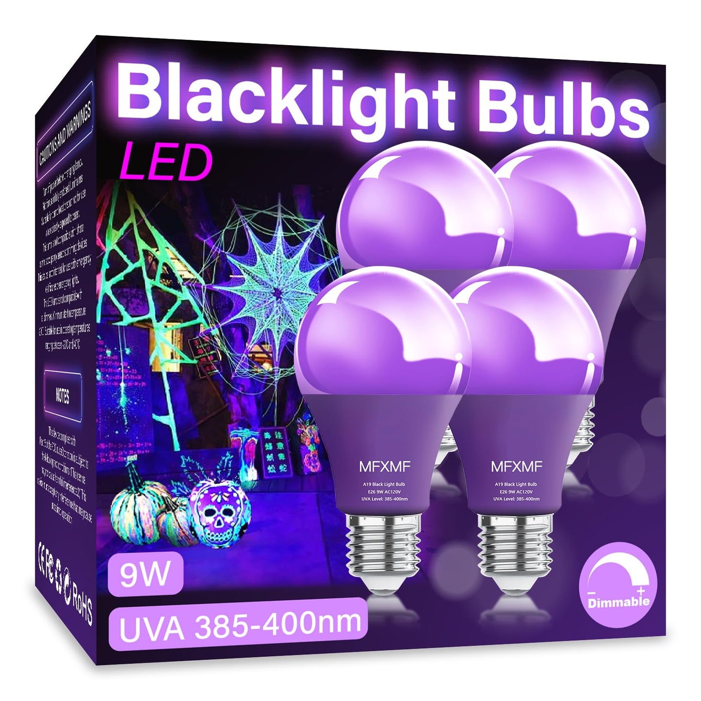 mfxmf 4 Pack A19 LED Black Light Bulbs,9W (100W Equivalent) E26 Base Dimmable Black Lights, UVA Level 385-400NM, Halloween Light Bulbs?Glow in