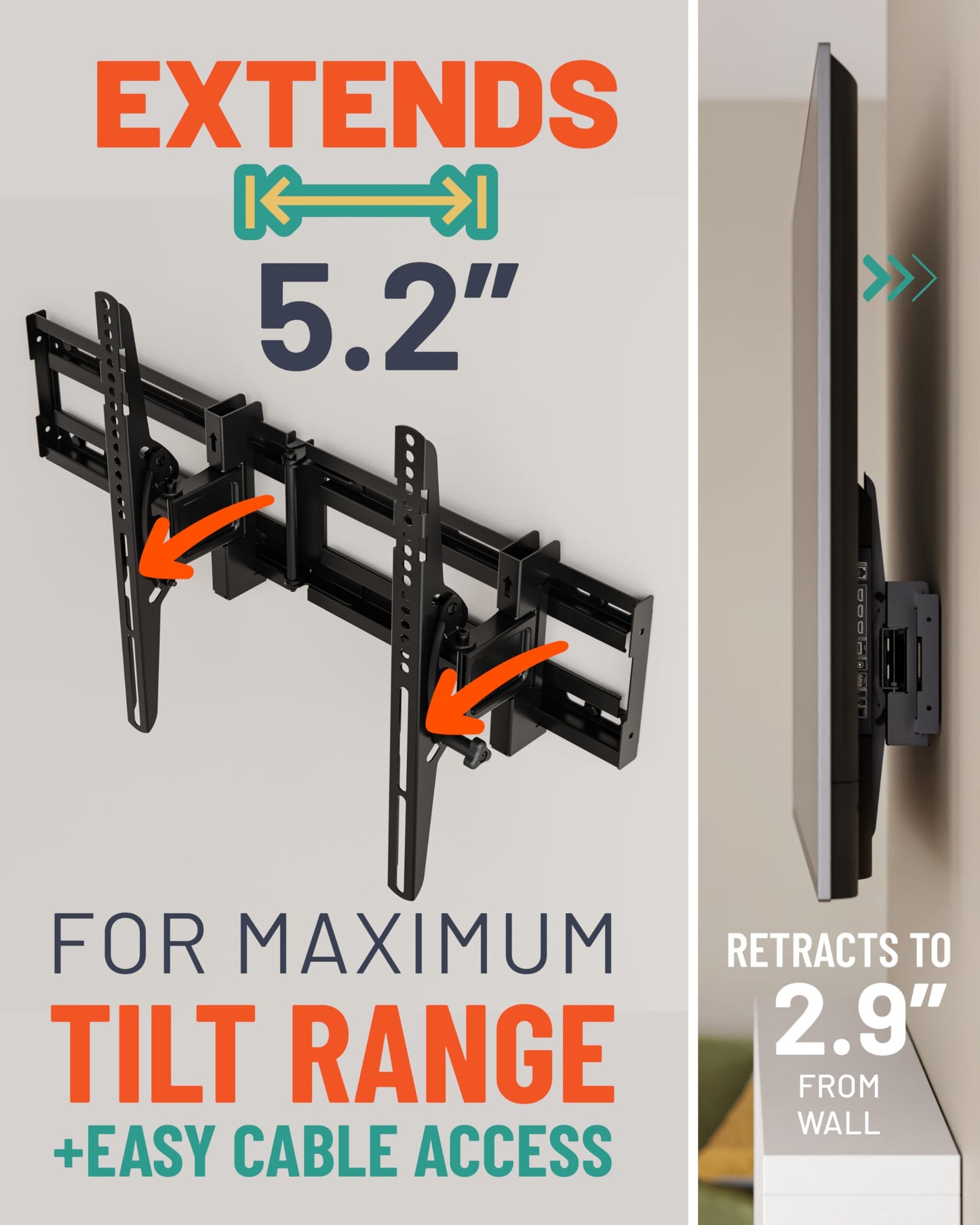 ECHOGEAR Extendable Tilting TV Wall Mount for 32 to 90" Screens up to 110lbs - Reduce Glare w/ 5.2" Extension for 12 deg Tilt - Universal TV Mount w