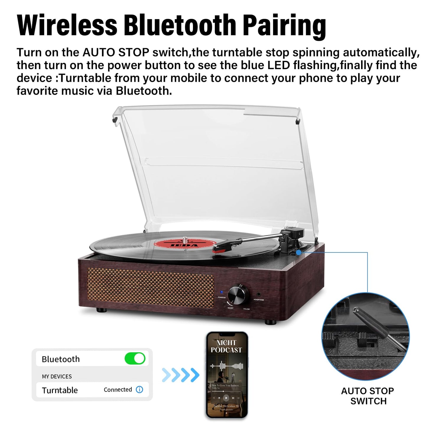 Vinyl Record Player Turntable with Built-in Bluetooth Receiver & 2 Stereo Speakers, 3 Speed 3 Size Portable Retro Record Player for Entertainment