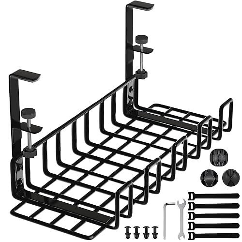 Under Desk Cable Management Tray, 16” No Drill Cord Organizer with Clamps for Wire Management, 4mm Sturdy Wire Desk Cable Organizer Tray, Cable