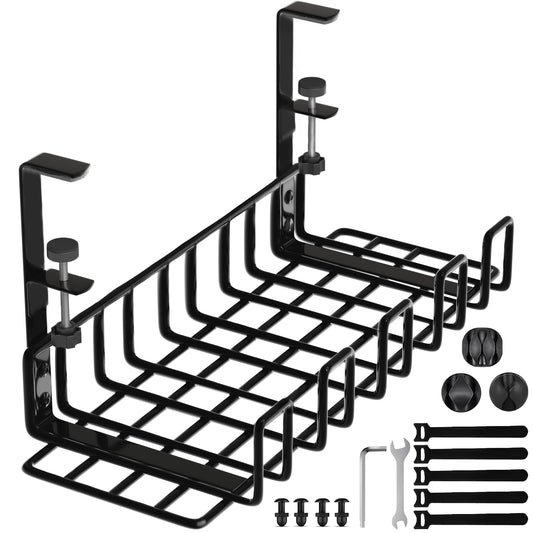 Under Desk Cable Management Tray, 16” No Drill Cord Organizer with Clamps for Wire Management, 4mm Sturdy Wire Desk Cable Organizer Tray, Cable
