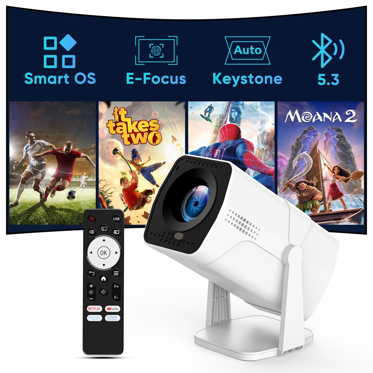 Projector with WiFi and Bluetooth, Smart TV OS with Officially Apps, 270° Rotatable Ceiling Projector, 1080P, Auto Keystone, Zoom, Mini, Outdoor Movie