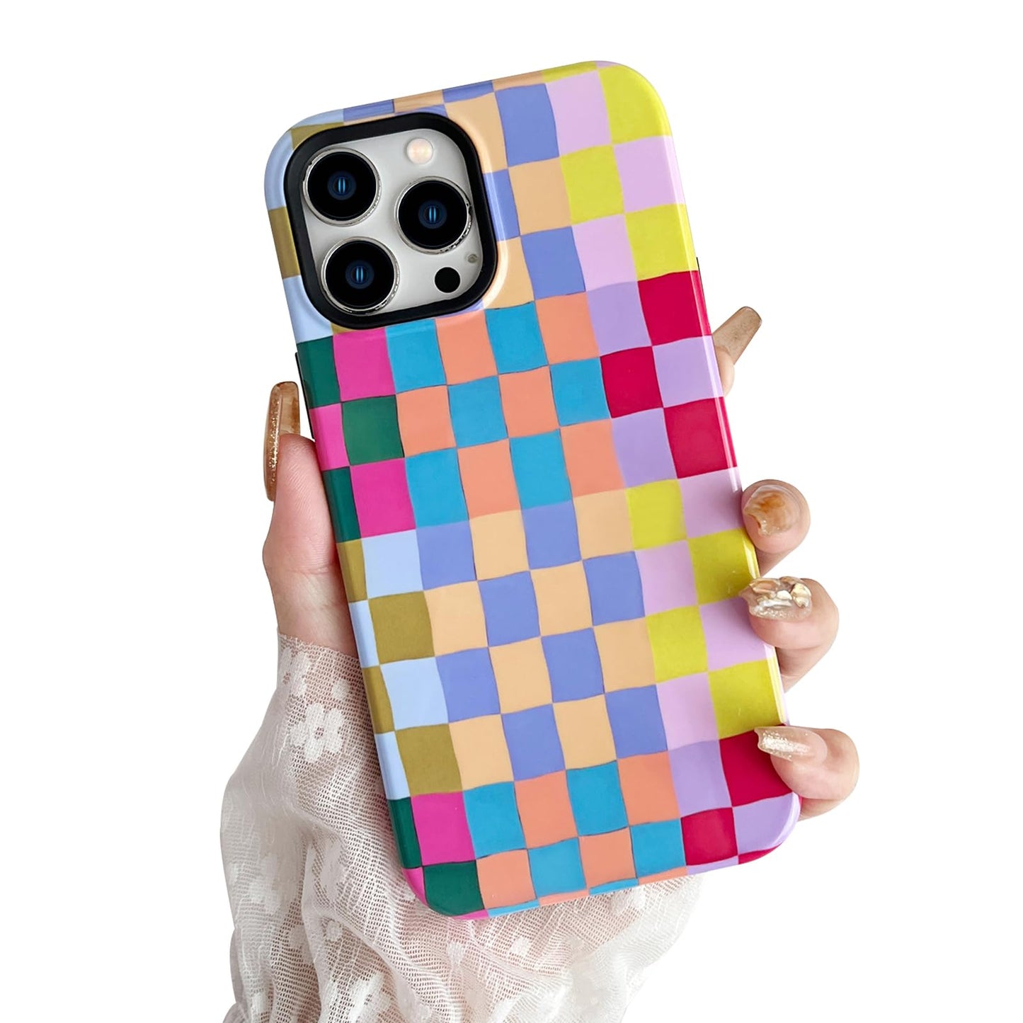 branple Compatible with iPhone 14 Plus Case,Cute Simple Colorful Checkered Case with Shockproof Slim Soft TPU and Hard PC Protective Covers