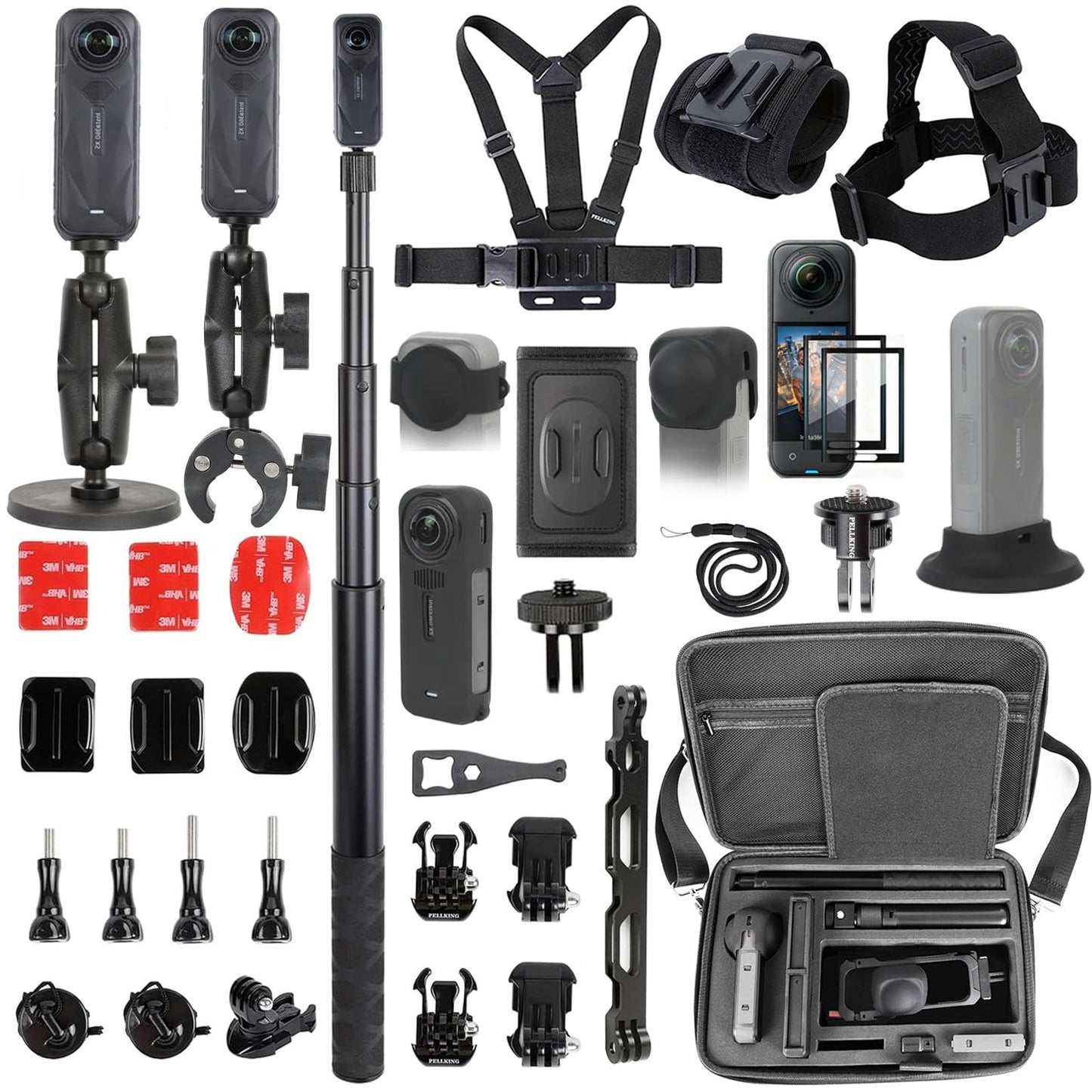 PellKing Accessories Kit for insta360 X5,Included Carrying Case with Belt,2 Pcs Metal 1/4" Adapter,Handlebar Clamp,Magnetic Mount,43in Selfie