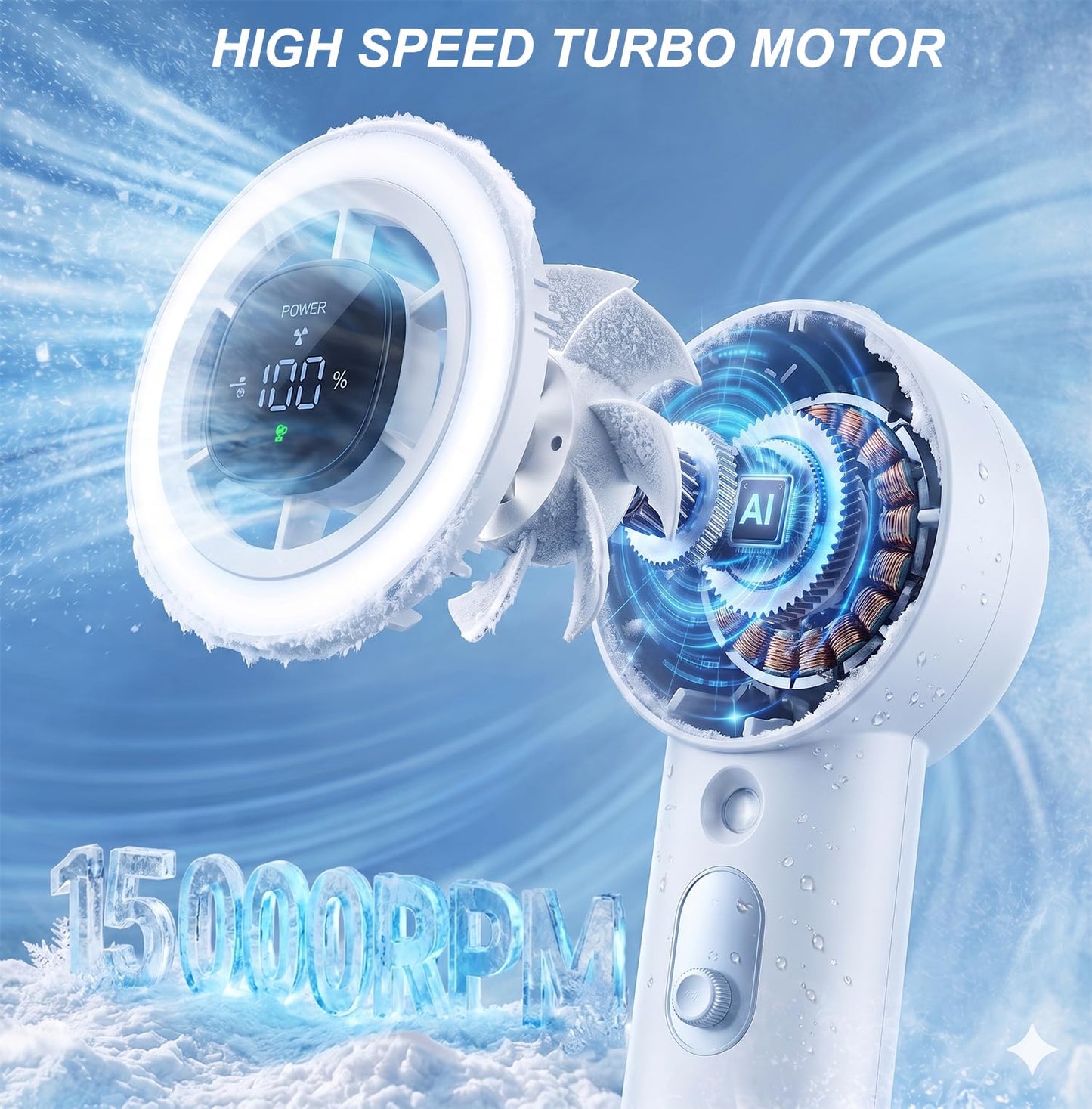 Portable Handheld Misting Fan with LED Lights, Personal Hand Mister Fan Water Spray, 15000RPM Mini Turbo Fans 4000mAh Rechargeable, Digital Screen