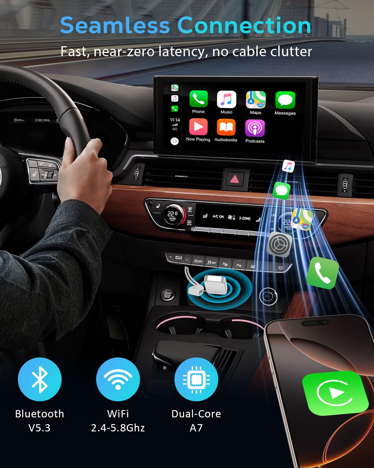 Wireless CarPlay Adapter for Apple iPhone - 2025 Wired Car Play to Wireless Dongle, USB-A/C Plug&Play, Stable Bluetooth CarPlay Adapter Only